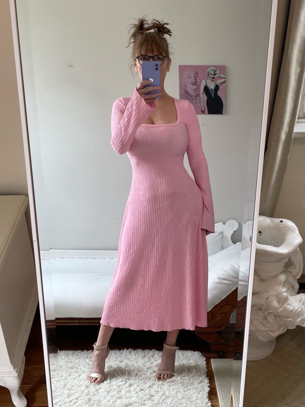 VINTAGE PINK LONG BELL SLEEVE MIDI DRESS SCOOP NECK CRINKLE STRETCH CORSET BACK
